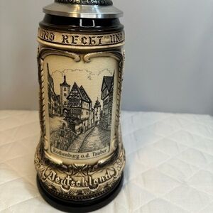 Rothenburg German Beer Stein Rustic Natural With Silver Tone Pewter Cup Vintage